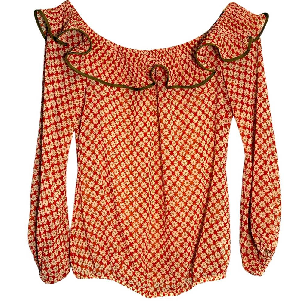 Areve Red Ditsy Floral Off-Shoulder Blouse with Olive Trim